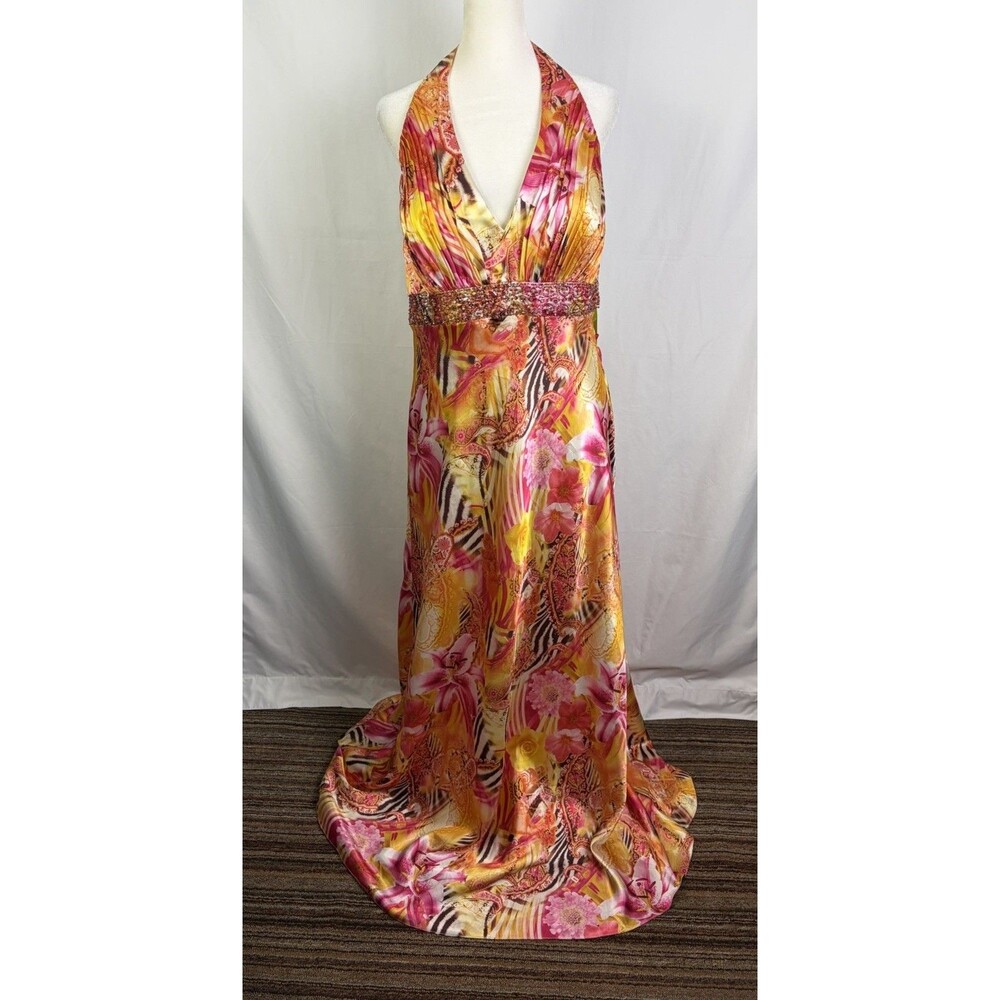 David’s Bridal Sz 14 Large Bridesmaid Gown Floral Pink Yellow Orange Zebra NWT